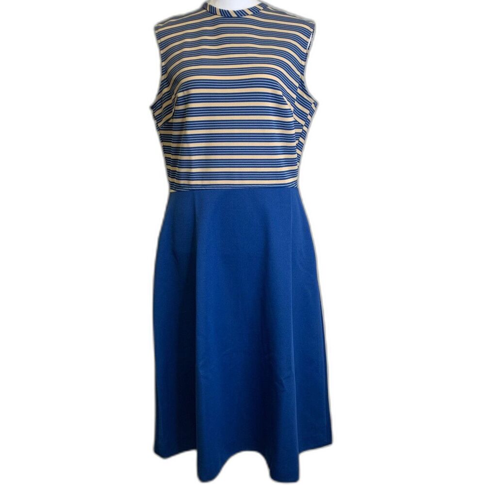 VTG 70's Womens 2 PC Sleevelss Dress A-Line Striped Bodice Solid Skirt Jacket‎